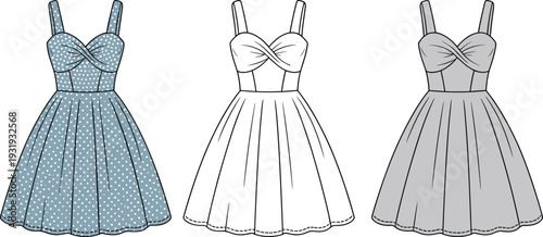 Three different styles of blue and white dresses with polka dots and solid colors in a row