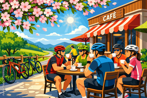 Cyclists enjoy drinks at cafe after a ride in rural area during sunny day with mountains in background