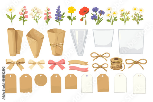 Different types of floral wrapping supplies on white background available for various craft projects and flower arrangements