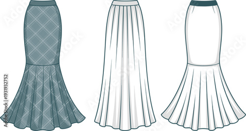Three different styles of long skirts with pleated and plaid in blue and white colors