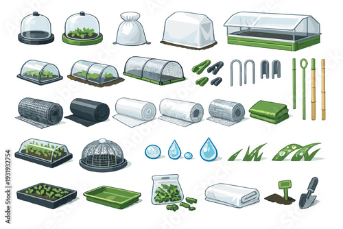 Collection of gardening tools and equipment for growing plants indoors and outdoors in various styles and formats
