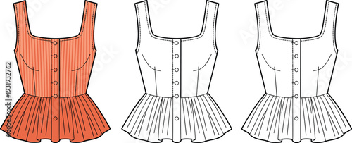 Three Dress Patterns with Orange and White Showing Stitching and Construction Details