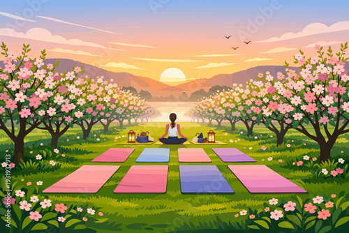 Yoga practice at sunrise in a garden surrounded by blooming trees and colorful mats
