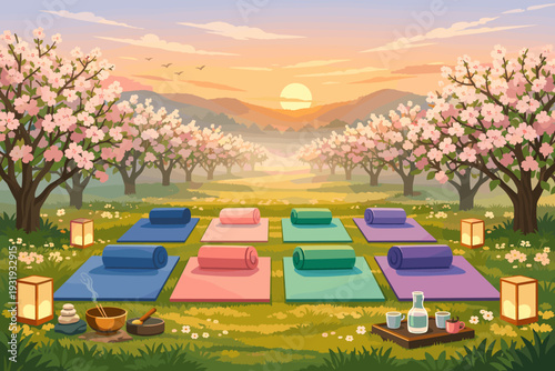 Yoga session in the blossoms at sunset with mats laid out for participants to enjoy nature and practice relaxation techniques