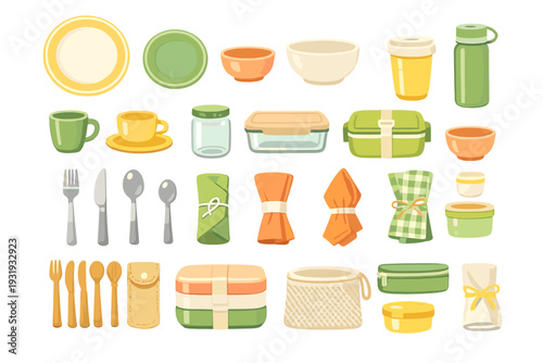 Variety of kitchen items including plates, cups, jars, and utensils arranged neatly for food preparation and storage