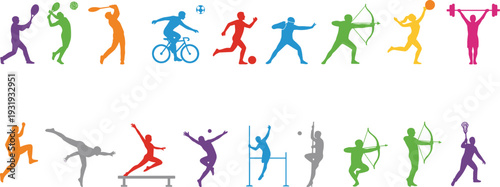 Colorful silhouette vector illustration of diverse sports athletes including tennis, baseball, basketball, cycling, soccer, boxing, archery, gymnastics, volleyball.