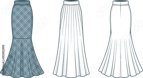 Three long skirts with different patterns and styles shown side by side fashion clothing