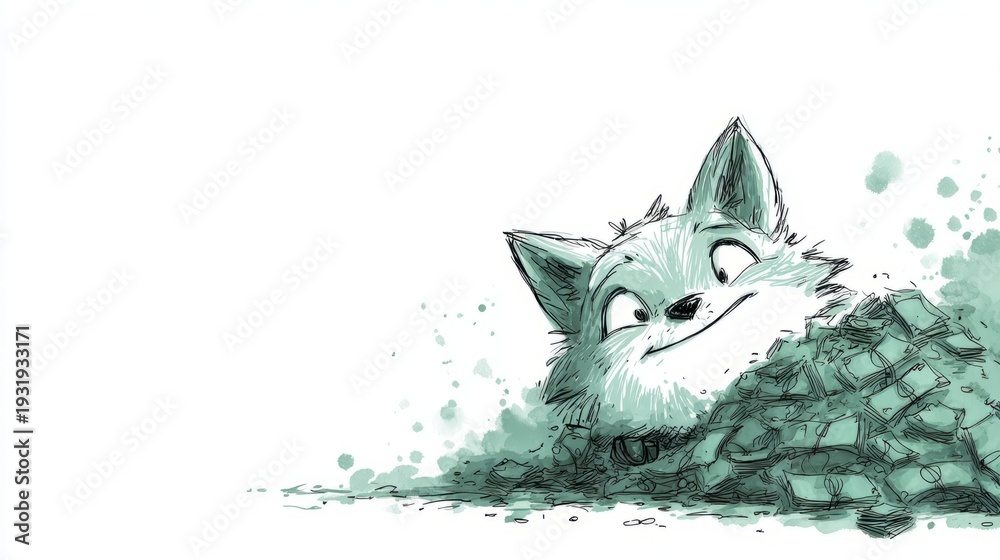 Fototapeta premium Playful Mischievous Fox Digging Into a Mound in a Sketch Illustration