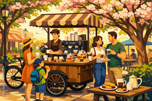 Coffee and snacks are served at a street cart in a park on a sunny day with people enjoying time together