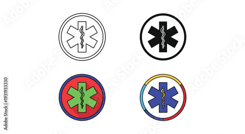 Variations of medical emergency and rescue symbols on circular backgrounds