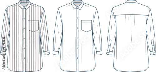 Three Men's Shirts with Different Patterns and Styles Shown from Front and Back Views men's clothing