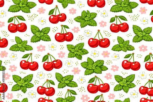 Pattern of cherries and leaves with small flowers on white background showing nature's details