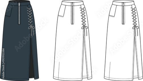Three views of a dark green skirt with lace-up detailing and side pockets fashion