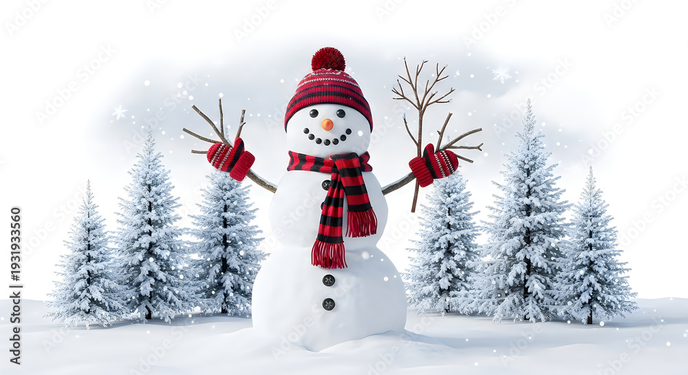 Obraz premium Snowman standing tall in the snowy landscape with serene trees around