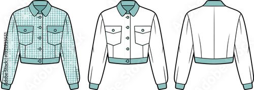 Three views of a short-sleeved jacket with checkered and solid color patterns and chest pockets checkered pattern