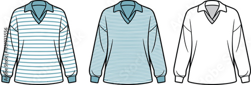 Three striped long sleeve shirts with different patterns and colors including white and blue