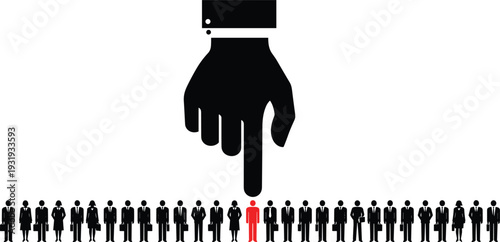 Large hand pointing downward selecting standout red figure among group of silhouettes symbolizing recruitment, individuality, choice, leadership, and workforce diversity