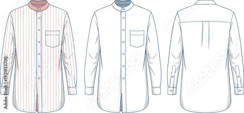 Three White Shirts with Different Patterns and Collars Displayed from Front and Back Views striped