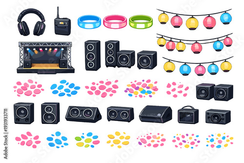 Decorative stage setup for outdoor music event with lighting and audio equipment