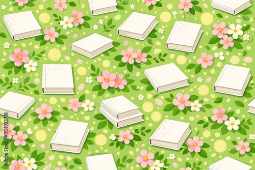 Pattern of open books and flowers on a green background showing a bright scene with many details