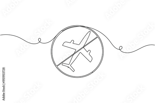 Airplane with cross sign icon continuous one line art single drawing on white background minimal canceled flight symbol outline vector illustration