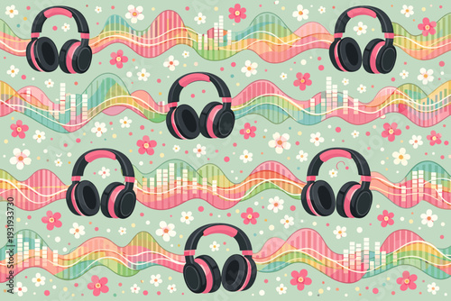 Creative design with music elements featuring headphones, sound waves, and floral patterns on a light green background