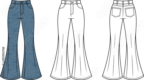 Three wide-legged pants with different patterns and colors including blue swirls and white