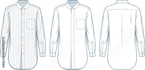 Three white dress shirts with different patterns and details shown from front and back views white shirt
