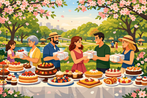 Celebration in the park with friends sharing gifts and enjoying desserts during springtime