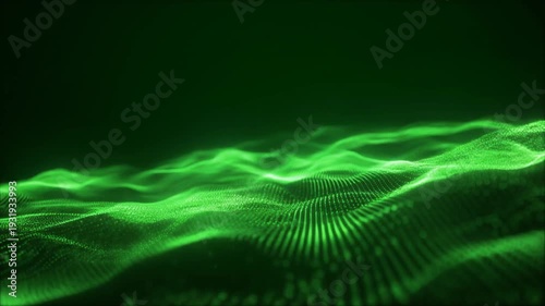 Aerial view of a futuristic digital wave landscape with neon green lights and dark environment