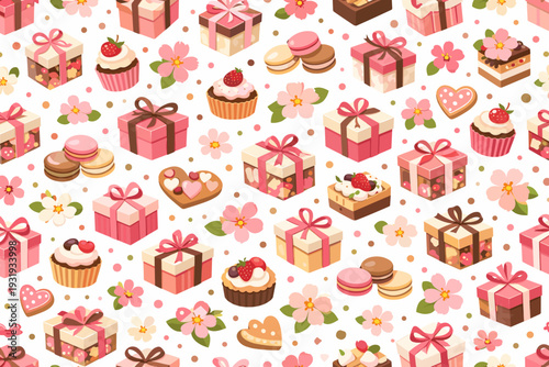 Colorful display of desserts and gifts on a light background featuring various baked goods and flowers in a fun arrangement
