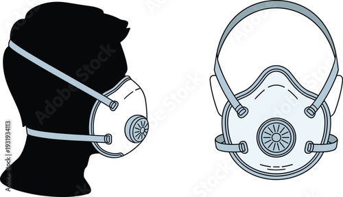 Protective respiratory face mask illustration with filtration valve, safety equipment design showing proper usage and adjustable straps for secure fit.