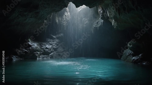 Misty Waterfall Cascading into Serene Turquoise Lake within Dark Cave, Viewed from Calm Water's Edge