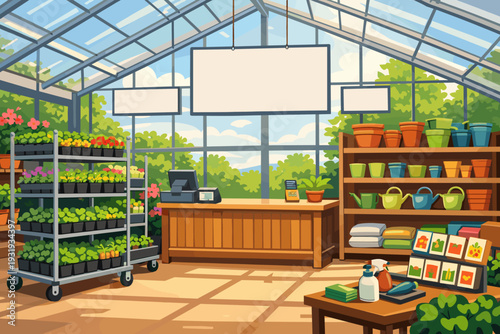 Greenhouse with plants and tools at a garden store during a sunny day