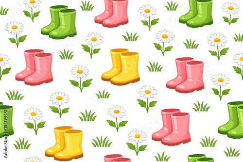 Colorful rubber boots and daisies create a playful design for spring and gardening themes in a simple pattern