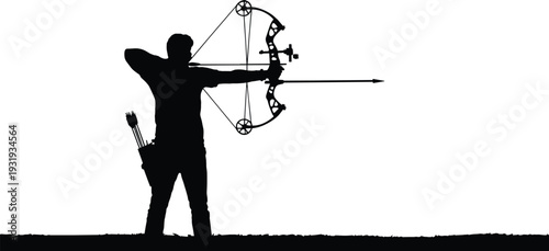 Silhouette archer aiming compound bow with arrow drawn, quiver on back, precision focus, sports illustration showing archery stance and accuracy