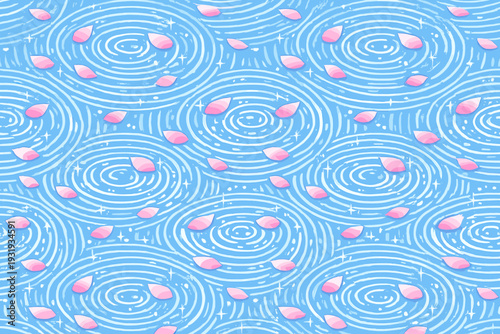 Water ripples and flower petals drift by on a blue background during springtime at a garden