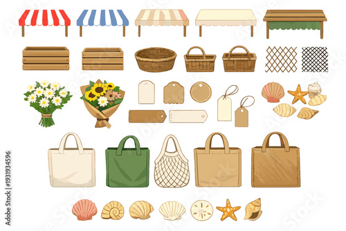 Market stalls and goods arranged for sale at a local outdoor market in spring