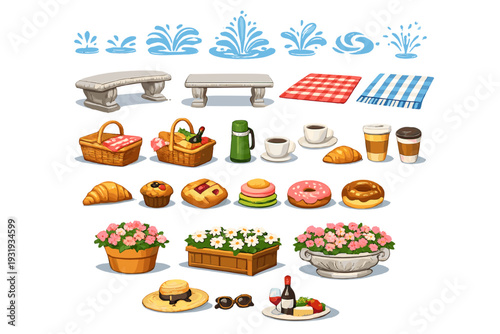 Various picnic items arranged including dishes, drinks, and baskets for outdoor meals near water features