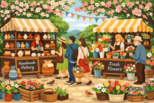 Visitors explore a market with handmade pottery and fresh flowers during a sunny day in spring with blooming trees and cheerful stalls