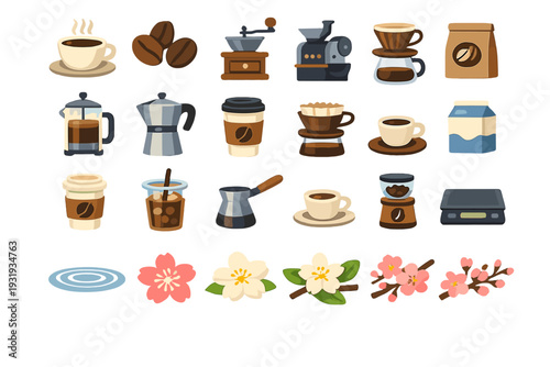 Coffee and tea preparation tools and drinks displayed on a white background