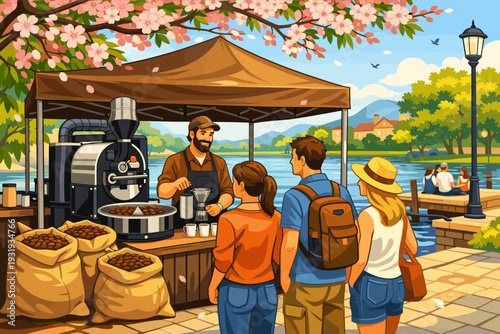 Coffee vendor serving customers by the riverside under a tent during a bright sunny day with flowers blooming