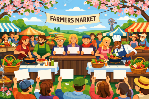 Farmers market event with vendors, customers, and products in a sunny outdoor setting during spring