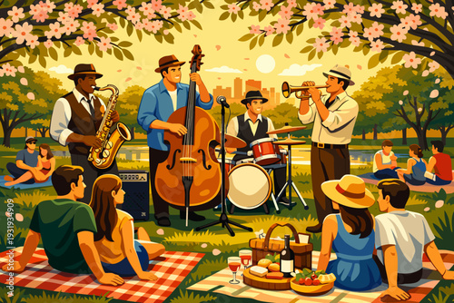 People enjoy music and food during a sunny day in the park with a jazz band performing