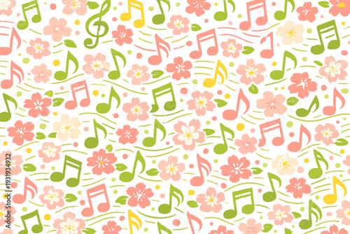 Colorful floral and musical notes pattern on a light background with a mix of blooms and notes arranged in a fun design