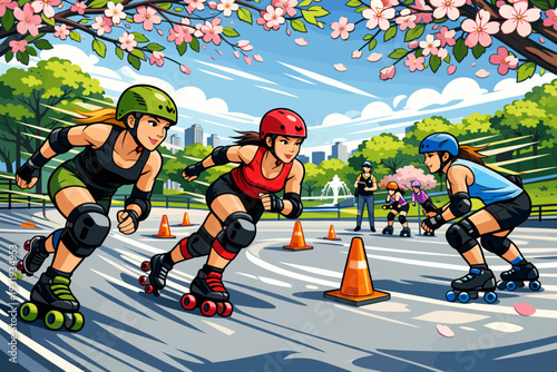 Skaters practice in the park with cones and cherry blossom trees in a city setting during the afternoon