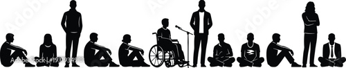 Silhouette business group with highlighted wheelchair figure chosen by large hand symbolizing diversity, inclusion, equality, empowerment, and workplace opportunity