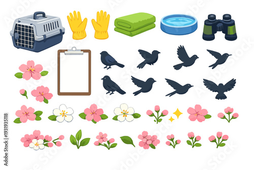 Items for birdwatching and caring for wildlife in a simple outdoor setting with tools, flowers, and birds