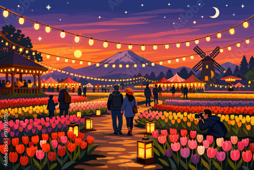 Couples walk through flower festival at dusk with lights and mountains in background while others enjoy the event