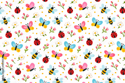Colorful design with flowers, butterflies, bees, and ladybugs on a white background in a fun pattern for crafts